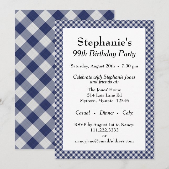 Blåblå Gingham Checkar Mönster för Tillfällen Inbjudningar (Fram/baksida)