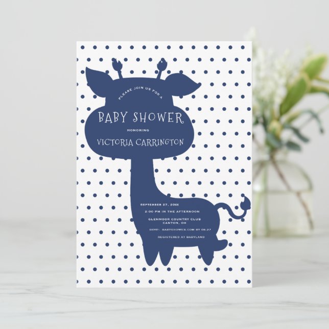 Blåblå Giraffe Polkadot Baby Shower Inbjudningar (Stående Fram)