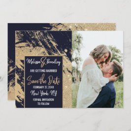 Blåblå Glitter-Brushstrokes i guld Spara datum Inbjudningar