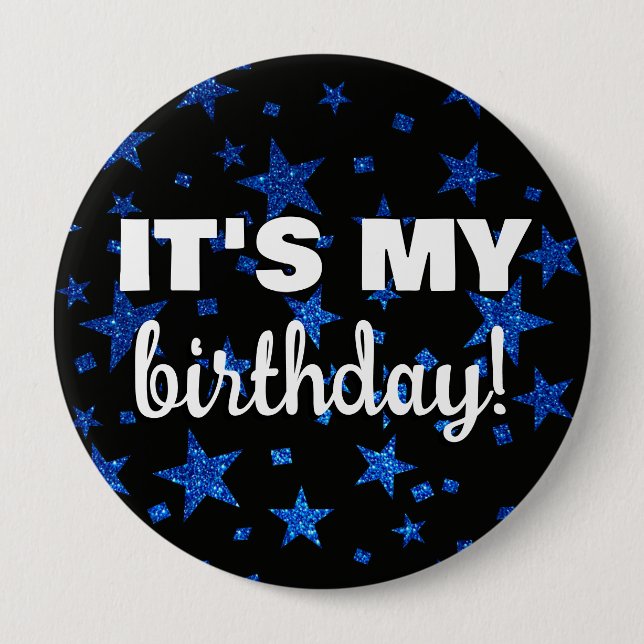 Blåblå Glitter Stars Confetti Det är min födelseda Knapp (Framsida)