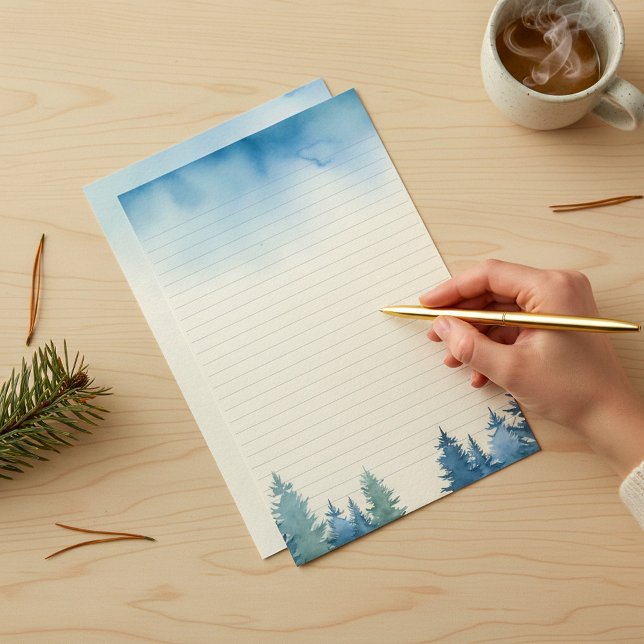 Blåblå gräs träd inklädd brevpapper (Winter blue pine trees lined stationery.)