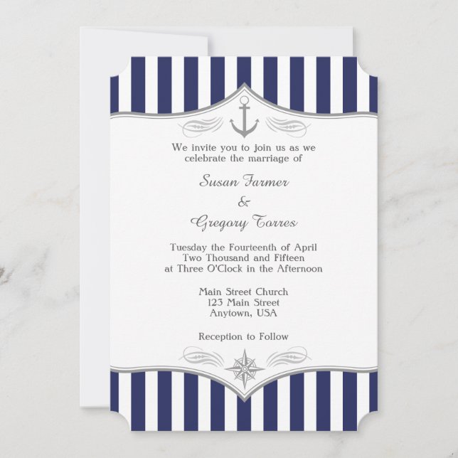 Blåblå Grått Nautical Wedding bjudande Inbjudningar (Framsida)