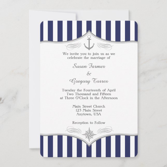 Blåblå Grått Nautical Wedding bjudande Inbjudningar (Framsida)