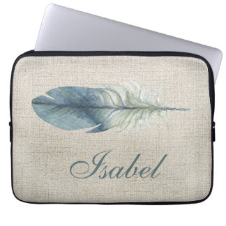Blåblå grått vattenfärgsfjäder, ljusbeige laptop fodral