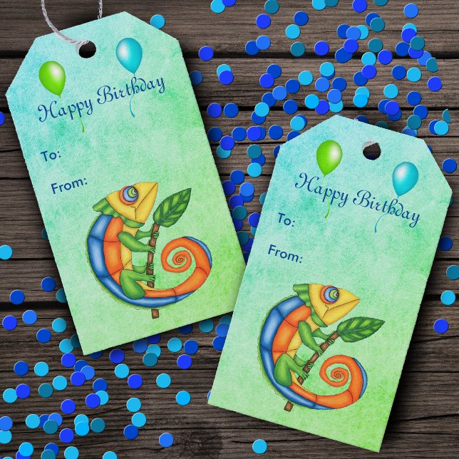 Blåblå Grönt för födelsedagsljud Presentetikett (Vibrantly coloured lizards sticks with leafs and festive balloons on blue green birthday gift tags.)