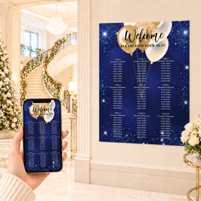 Blåblå guld-ballonger 9 bord-sätesdiagram poster (Skapare uppladdad)