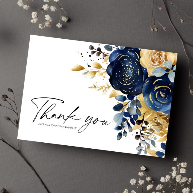 Blåblå Guld-Blommigten Bröllop Tack Kort (Navy Blue Gold Floral Wedding Thank You Card)