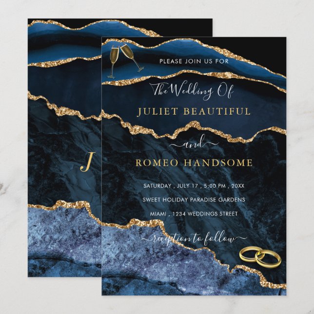 Blåblå Guld-bröllopsinbjudan är din egen (Fram/baksida)