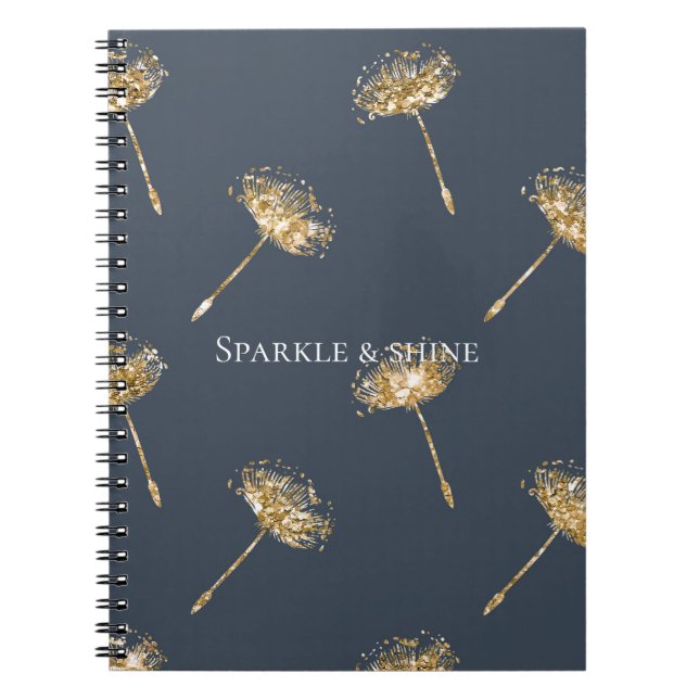 Blåblå Guld Faux Glitter Dandelion Flowers Anteckningsbok (Framsidan)