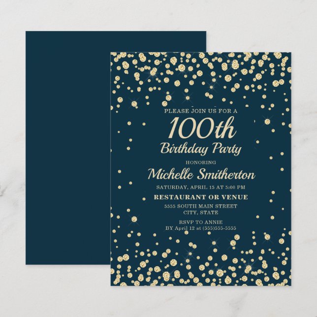 Blåblå Guld Glitter Kvinnor 100:e födelsedag Kort (Fram/baksida)