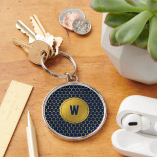 Blåblå Guld Hexagon Mönster Monogrammed inledande Rund Silverfärgad Nyckelring