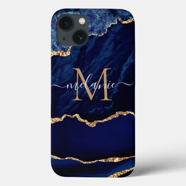 Blåblå Guld-marmor din Brev Namn iphone case (Baksida)