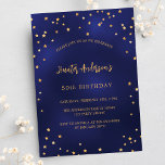 Blåblå guld-stjärnor party inbjudan vykort<br><div class="desc">En födelsedagsfest inbjudan för både honom och henne. En svart bakgrund med faux guld-stjärnor. Anpassa och lägg till information om namn och party. Golden färgad.</div>