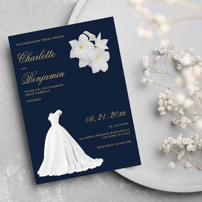 Blåblå guld-vita snöre-bröllop-klänningen bröllop inbjudningar (Navy blue gold white lace wedding dress wedding)