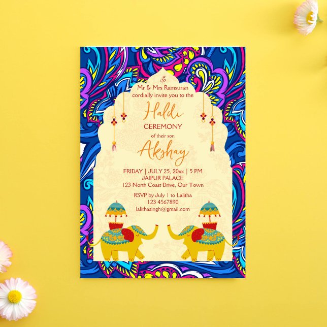 Blåblå gult haldi i Indiska bröllop Inbjudningar (Haldi Invitation Indian wedding elephants oriental blue pattern background Instant download)