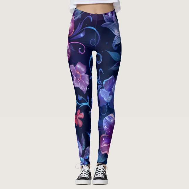Blåblå Hibiscus Flowwered Leggings (Framsida)