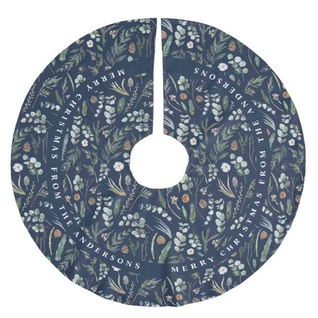 Blåblå julklapp modern botanisk gåva julgransmatta borstad polyester (Framsidan)