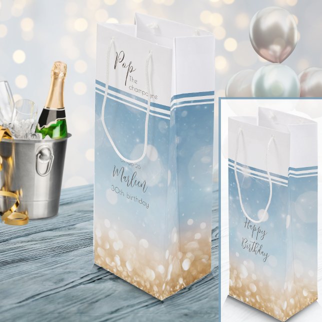 Blåblå knapp guld (Champagne celebration. An elegant light gold and sparling blue bottle gift bag. Girly and glamorous)