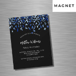 Blåblå konfettlyx från daggflodmaren magnetisk inbjudningskort<br><div class="desc">En modern elegant och inbjudan. En svart bakgrund dekorerad med blå konfetti. Anpassa och lägg till namn och detaljer. Vit text.</div>