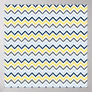 Blåblå, ljusblå, Gult och Grått Chevron Poster