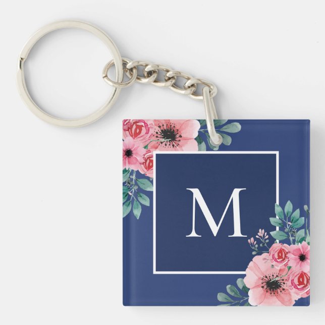 Blåblå marin | Blommigt Photo Monogram-Nyckelring (Framsidan)