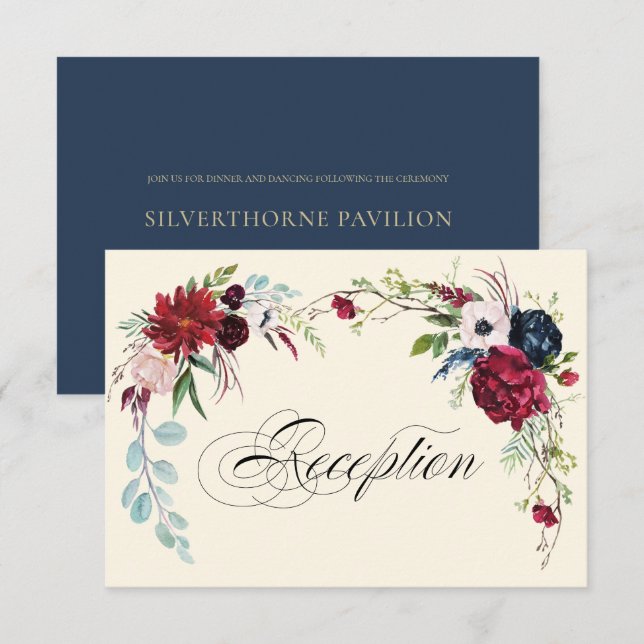 Blåblå marin | Brölloport för burgundssjuka Blommi Inbjudningar (Fram/baksida)