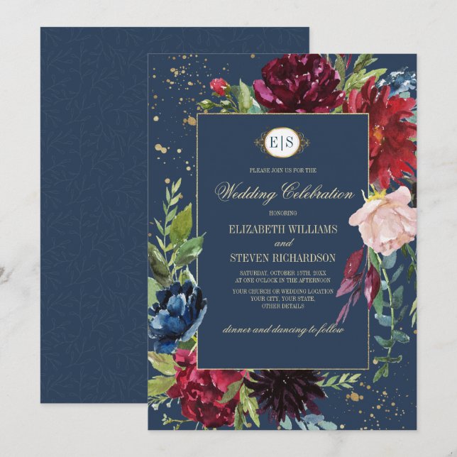 Blåblå marin | Burgundy Blommigt Watercolor Bröllo Inbjudningar (Fram/baksida)