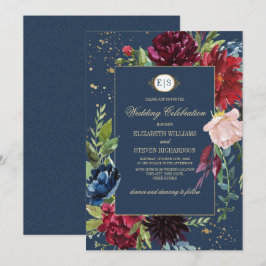 Blåblå marin | Burgundy Blommigt Watercolor Bröllo Inbjudningar
