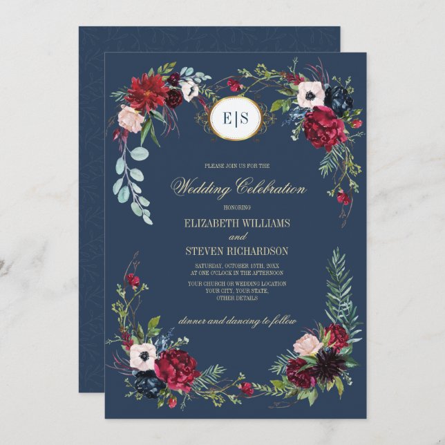 Blåblå marin | Burgundy Blommigt Watercolor Bröllo Inbjudningar (Fram/baksida)