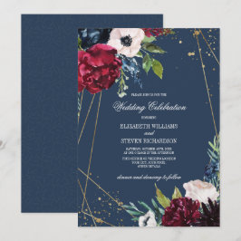 Blåblå marin | Burgundy Bloom Geometric Bröllop Inbjudningar
