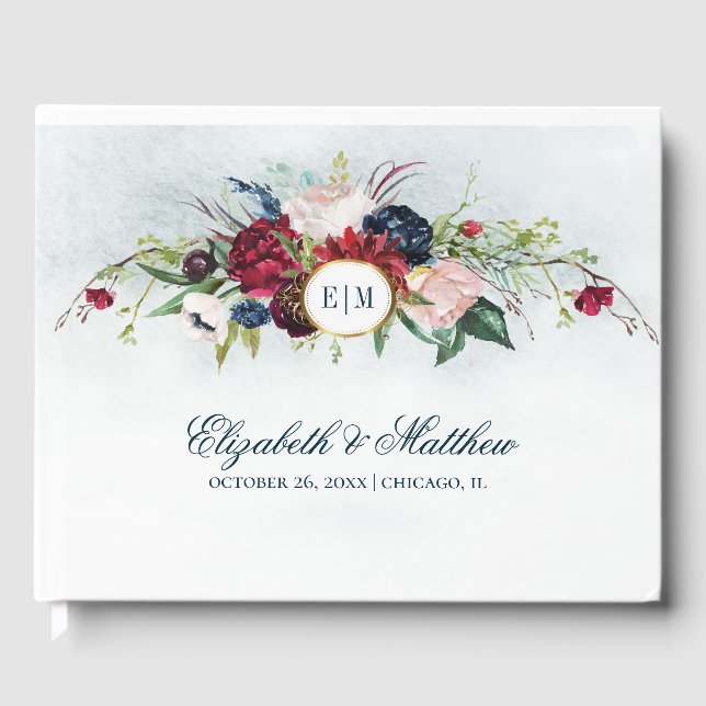 Blåblå marin | Burgundy Bloom Watercolor Bröllop Gästböcker (Framsida)