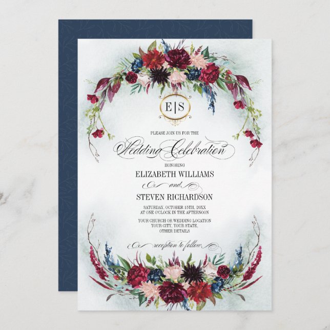 Blåblå marin | Burgundy Bloom Watercolor Bröllop Inbjudningar (Fram/baksida)