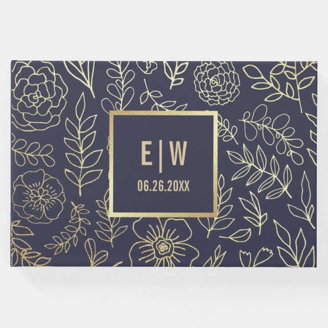 Blåblå marin | GULD BLOMMIGT BRÖLLOP Gästböcker (Framsida)