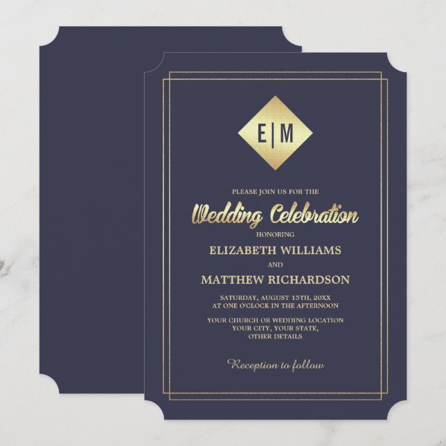Blåblå marin | GULD ELEGANT BRÖLLOP Inbjudningar (Fram/baksida)