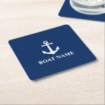 Blåblå marinkrånflotta i Vintagen Namn Underlägg Papper Kvadrat<br><div class="desc">Din Personlig Boat Namn Vintage Nautical Anchor Navy Blue Square Papper Underlägg.</div>