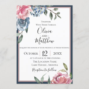 Blåblå Mauve Botanical Wedding bjudande Inbjudningar