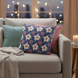 Blåblå med Cream Flowers Kudde