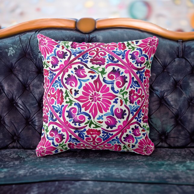 Blåblå mexikanska brickor i magenta mönster kudde (Bright magenta pink blue Mexican tiles pattern Throw Pillow)
