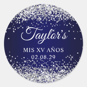 Blåblå mis XV Anos i silver Glitter Runt Klistermärke
