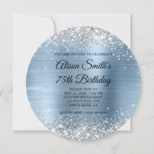 Blåblå monogram 75:e-födelsedag i Silver Glitter Inbjudningar