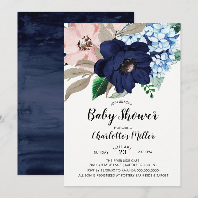 Blåblå och  Blommigt - babyvisning - inbjudan (Fram/baksida)