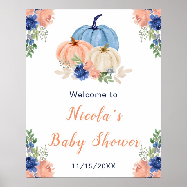 Blåblå och  Blommigt Pumpkins Baby Shower Poster (Framsidan)