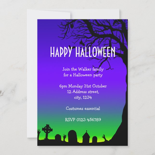 Blåblå och grönt kyrkogårdshöjd i happy halloween inbjudningar (Framsida)