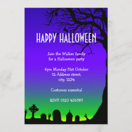 Blåblå och grönt kyrkogårdshöjd i happy halloween inbjudningar