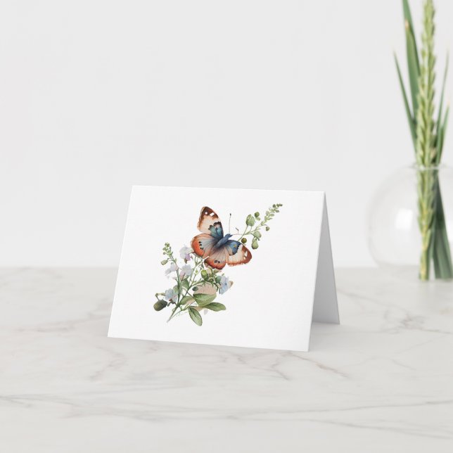 Blåblå och Orange-fjäril med Flower Stem BLANK Kort (Framsida)