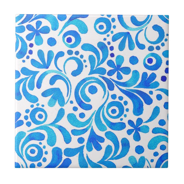 Blåblå och vit vattenfärg Botaniska Kakelplatta (Framsidan)