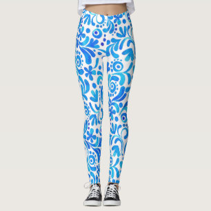 Blåblå och vit vattenfärg Botaniska Leggings