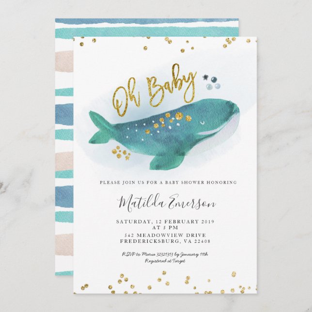 Blåblå Oh Baby Whale Baby Shower-inbjudan för nyva Inbjudningar (Fram/baksida)