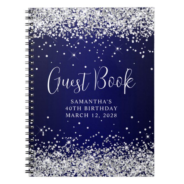 Blåblå Ombre 40:e födelsedagsgästen silver Glitter Anteckningsbok (Framsidan)