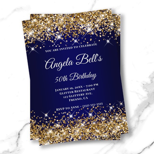 Blåblå Ombre Finare Monogram guld Inbjudningar (Gold Glitter Navy Blue Ombre Fancy Monogram Invitation)